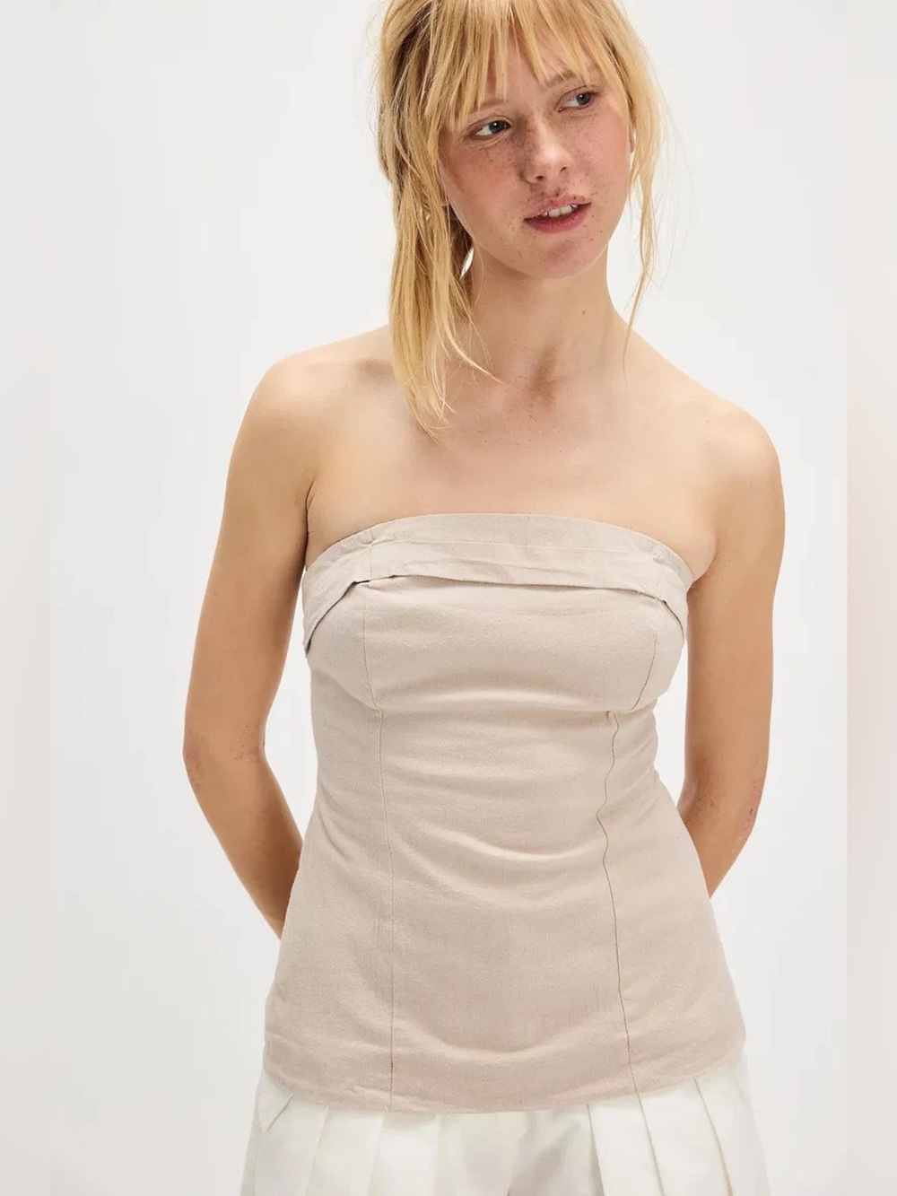 Zara Beige Strapless Linen-Blend Top